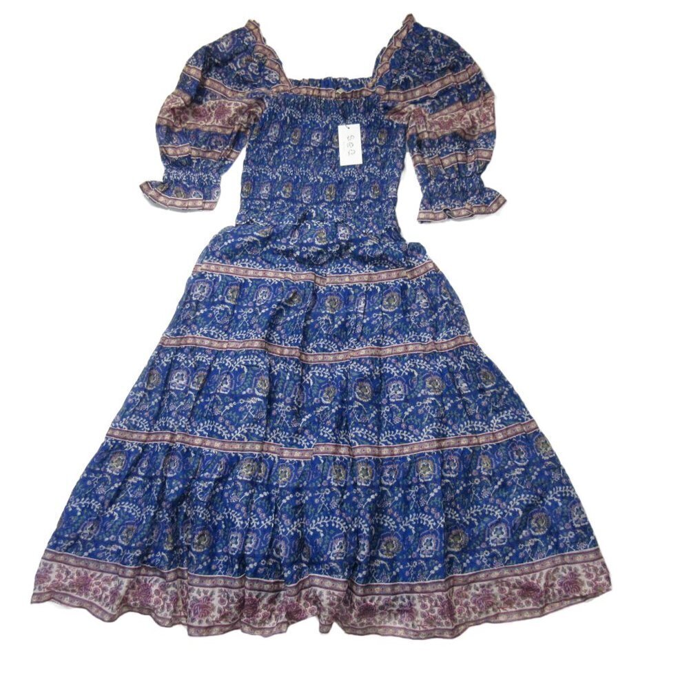 NWT Sea Rosita in Blue Cotton Smocked Puff-Sleeve Tiered Midi Dress XS $395 - Picture 2 of 10